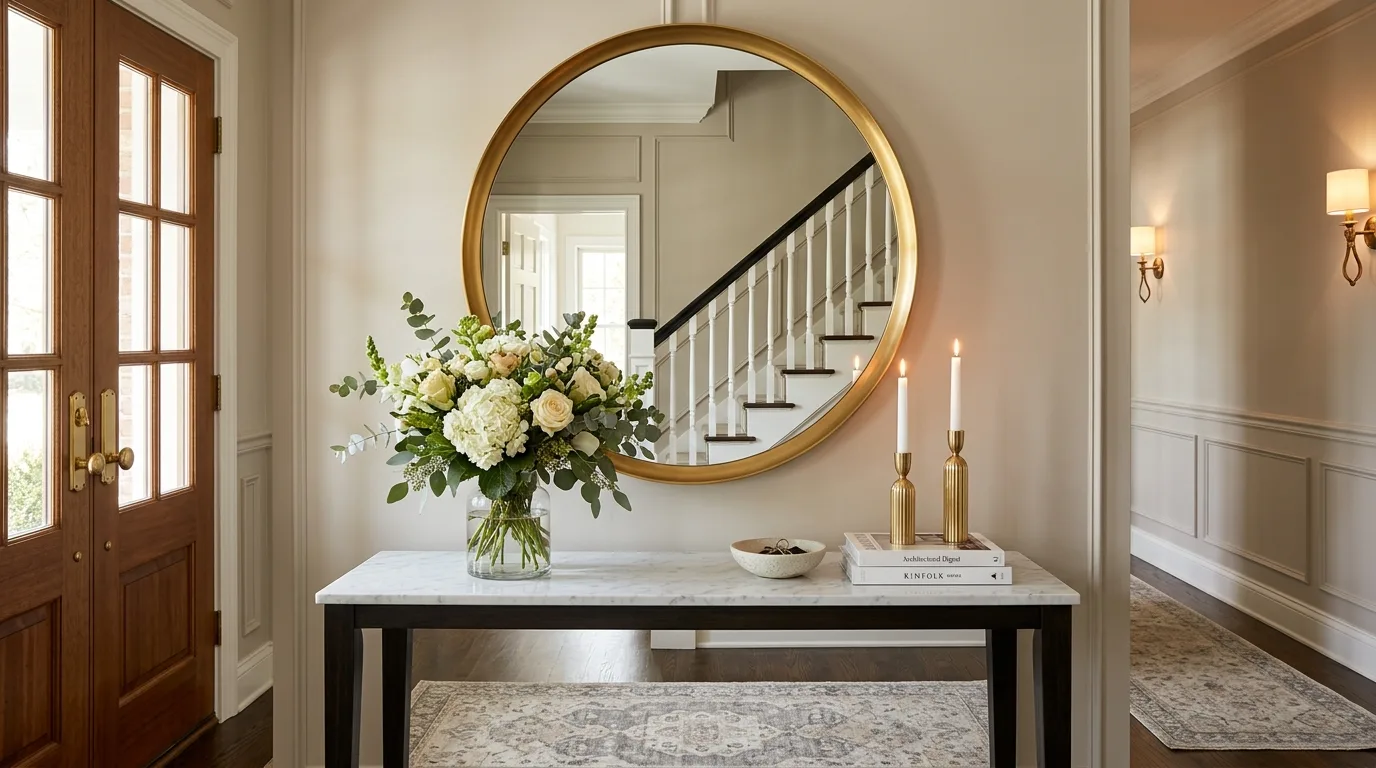 Welcoming entryway with a round mirror, floral arrangement, candles, and a marble-top console.