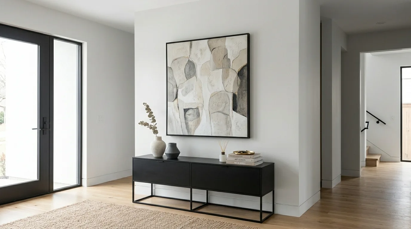Welcoming foyer with a marble-top console table and styled decor.