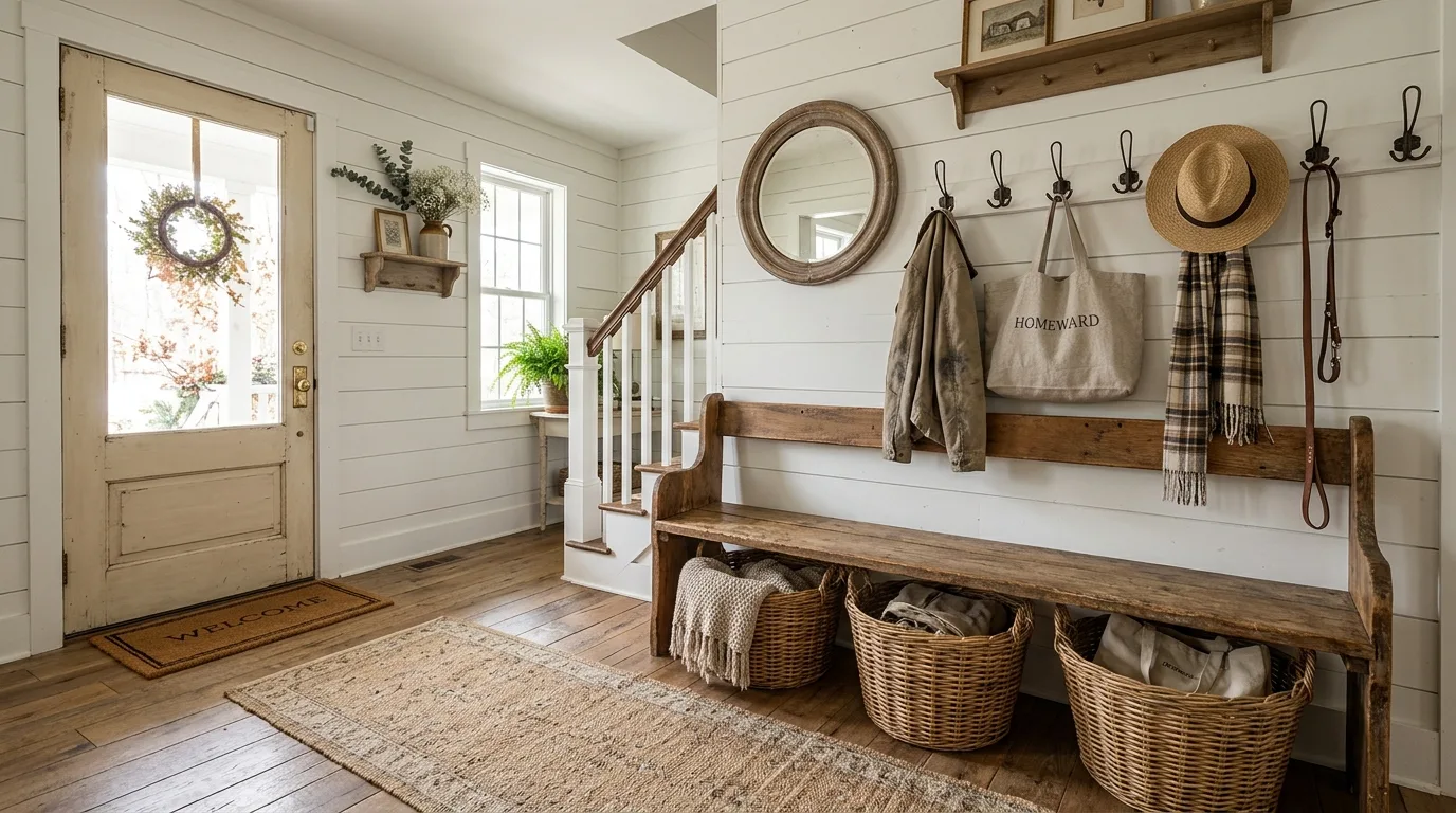 Entryway decor with a fresh floral arrangement near the front door.