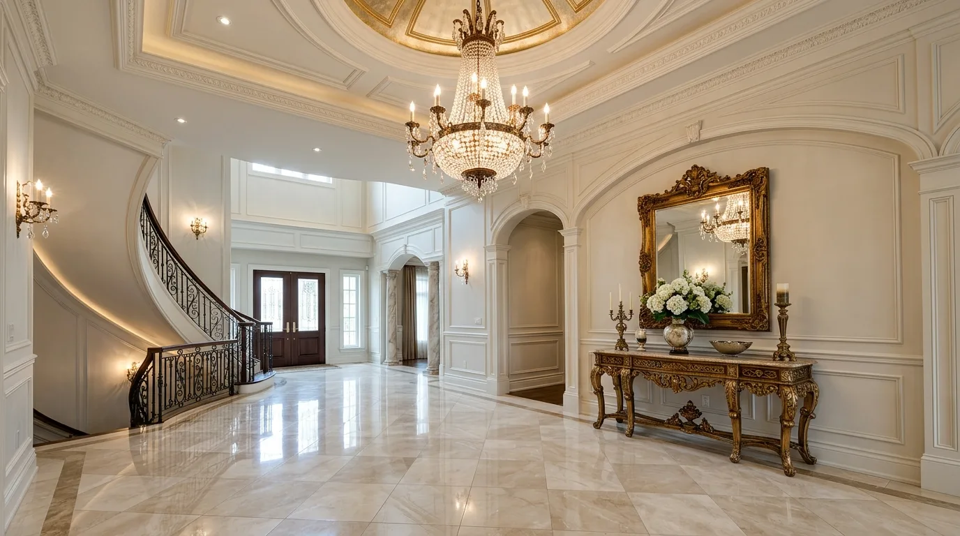 Foyer with warm brass wall sconces and elegant trim details.