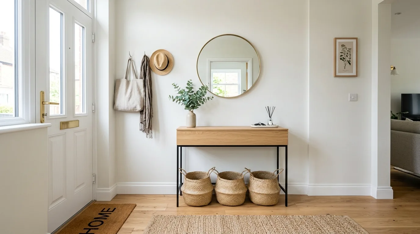 Long entryway hallway with a muted patterned runner rug.