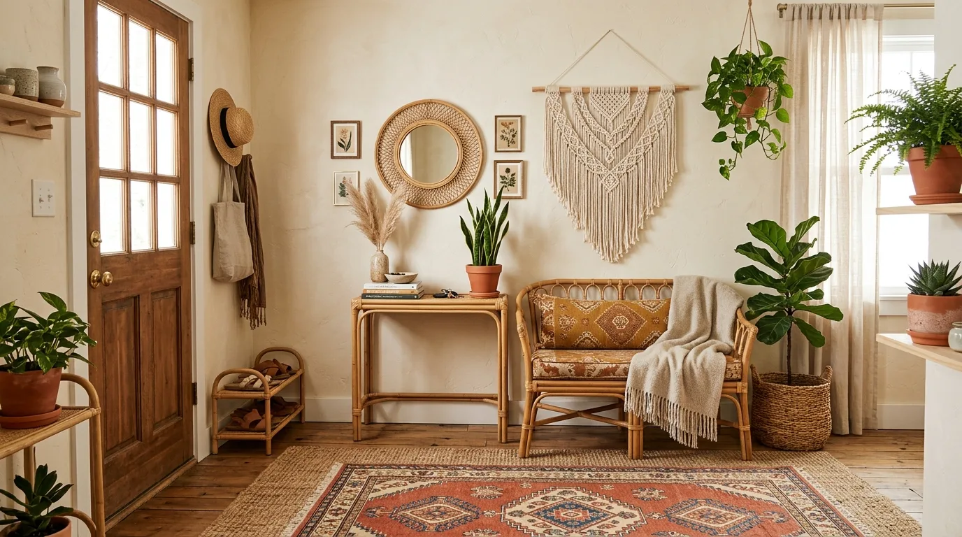 Entryway with a practical bench styled with pillows and soft textures.