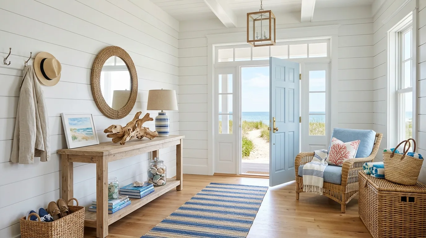 Minimal foyer decor with a statement vase on a clean console surface.