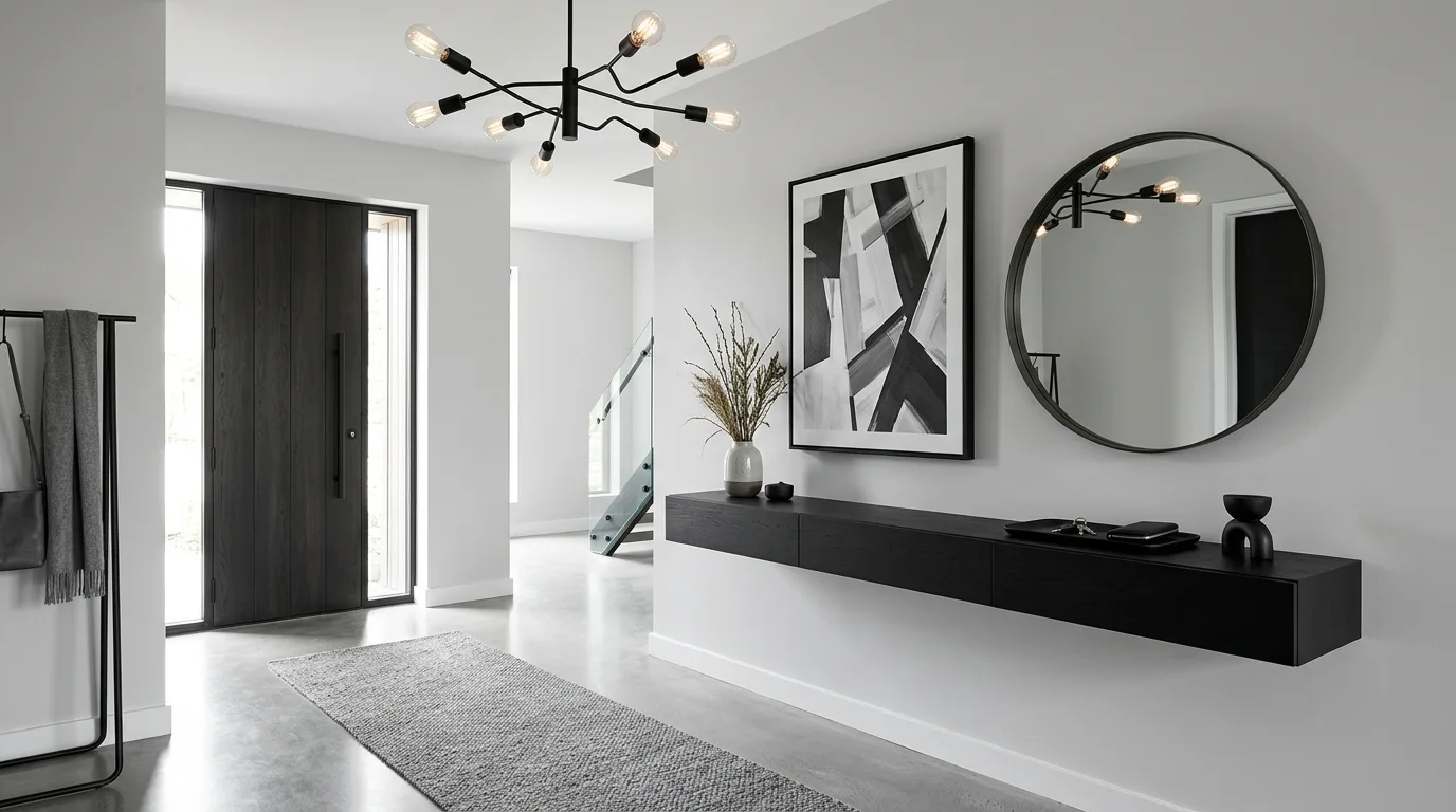 Grand entryway with warm wood front door and painted wall paneling.