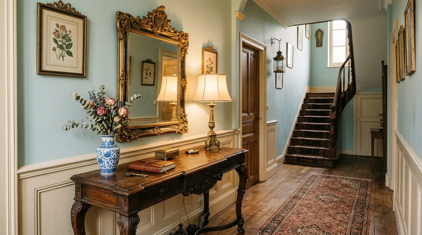 Styled entryway console with candles, stacked books, and decorative bowl.