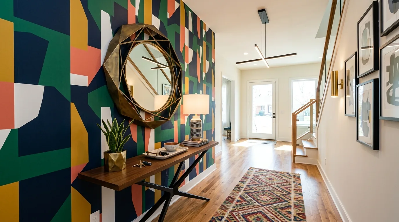 Symmetrical entryway styling around a large central mirror.