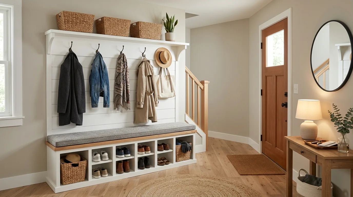 Entryway decorated with natural greenery and soft welcoming details.