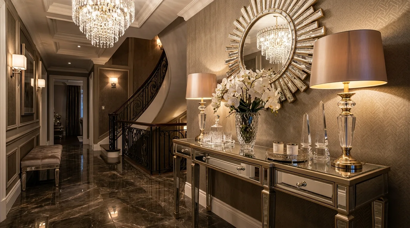 Foyer idea featuring a patterned rug and understated wall decor.