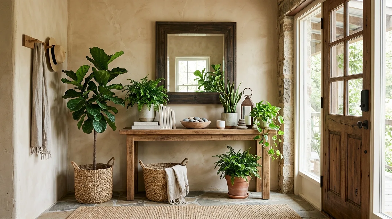 Classic foyer with updated decor and a modern simplified styling approach.