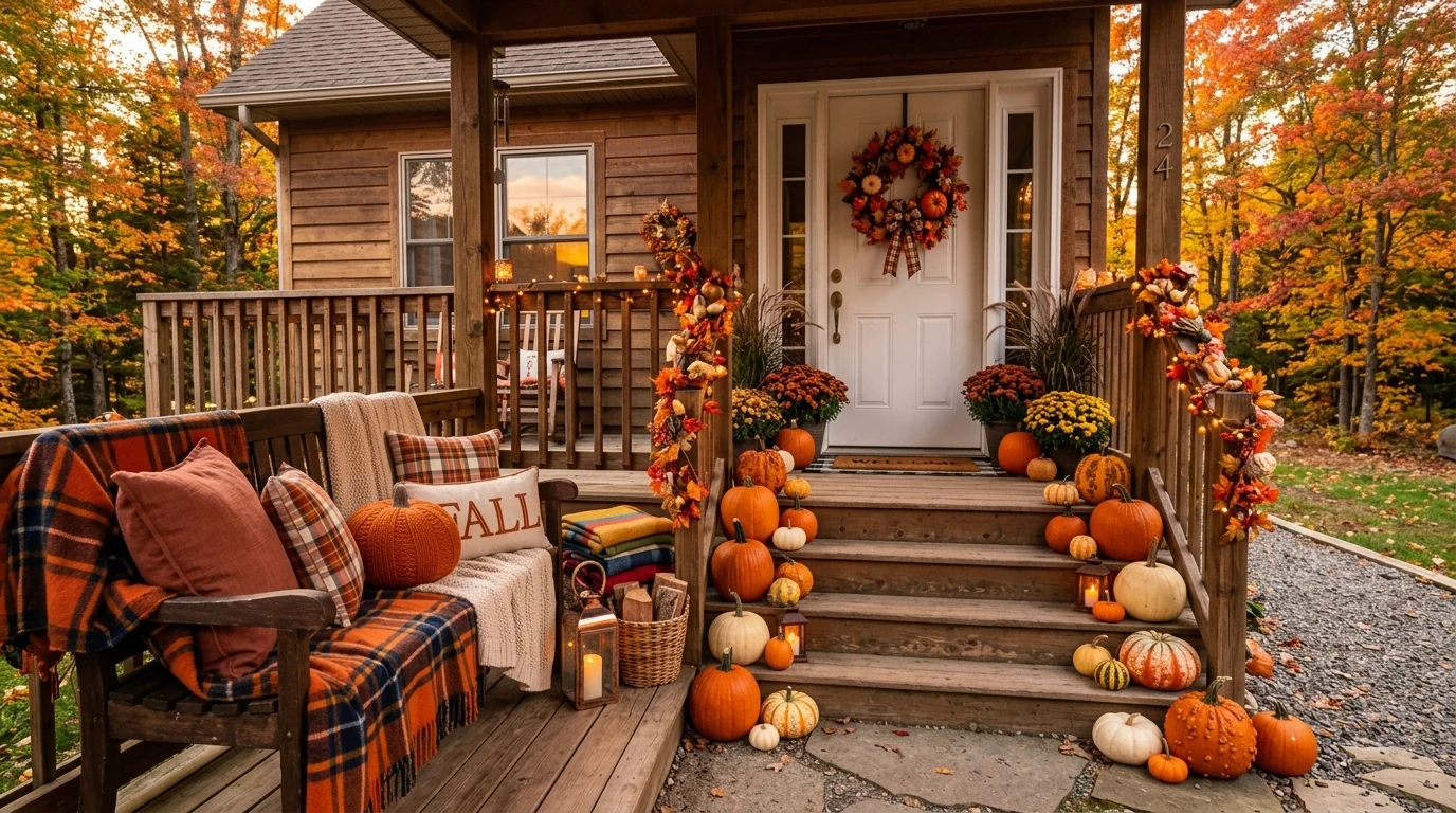 Welcoming fall porch with layered doormats and an autumn wreath.