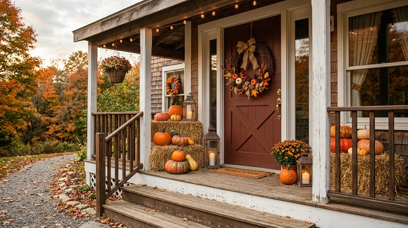 Autumn porch styled with lanterns and candle glow for warm curb appeal.