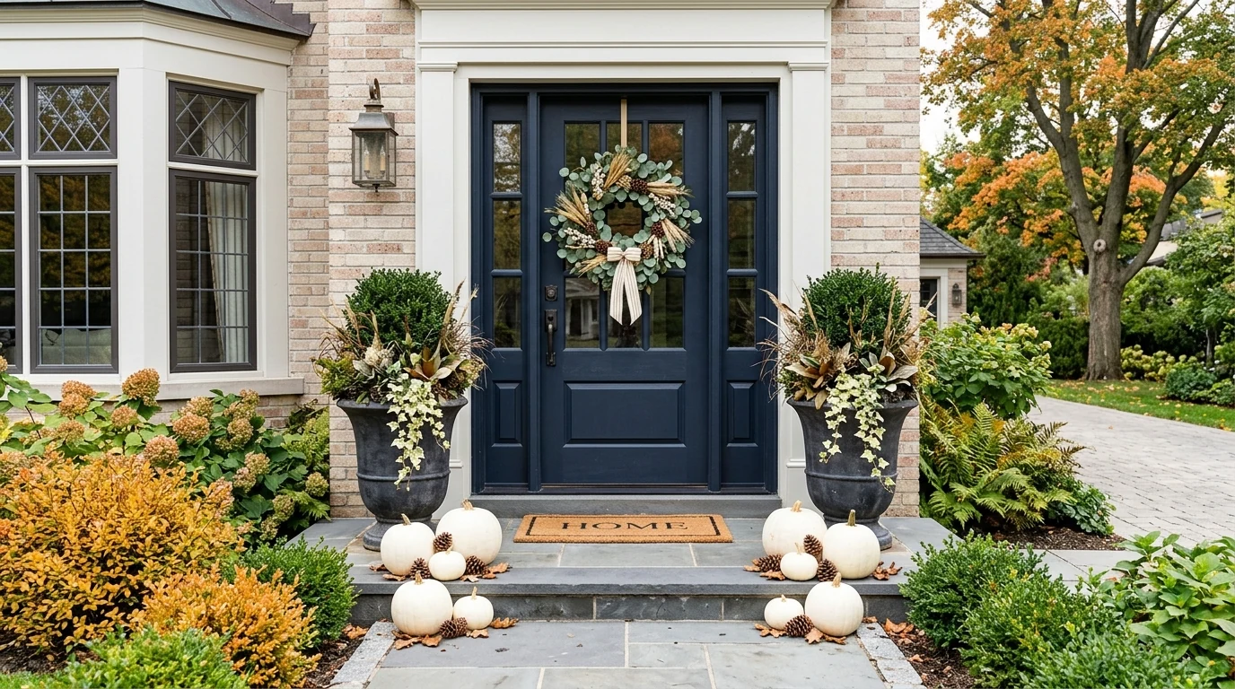 Harvest-style fall porch with hay bales and seasonal pumpkin styling.