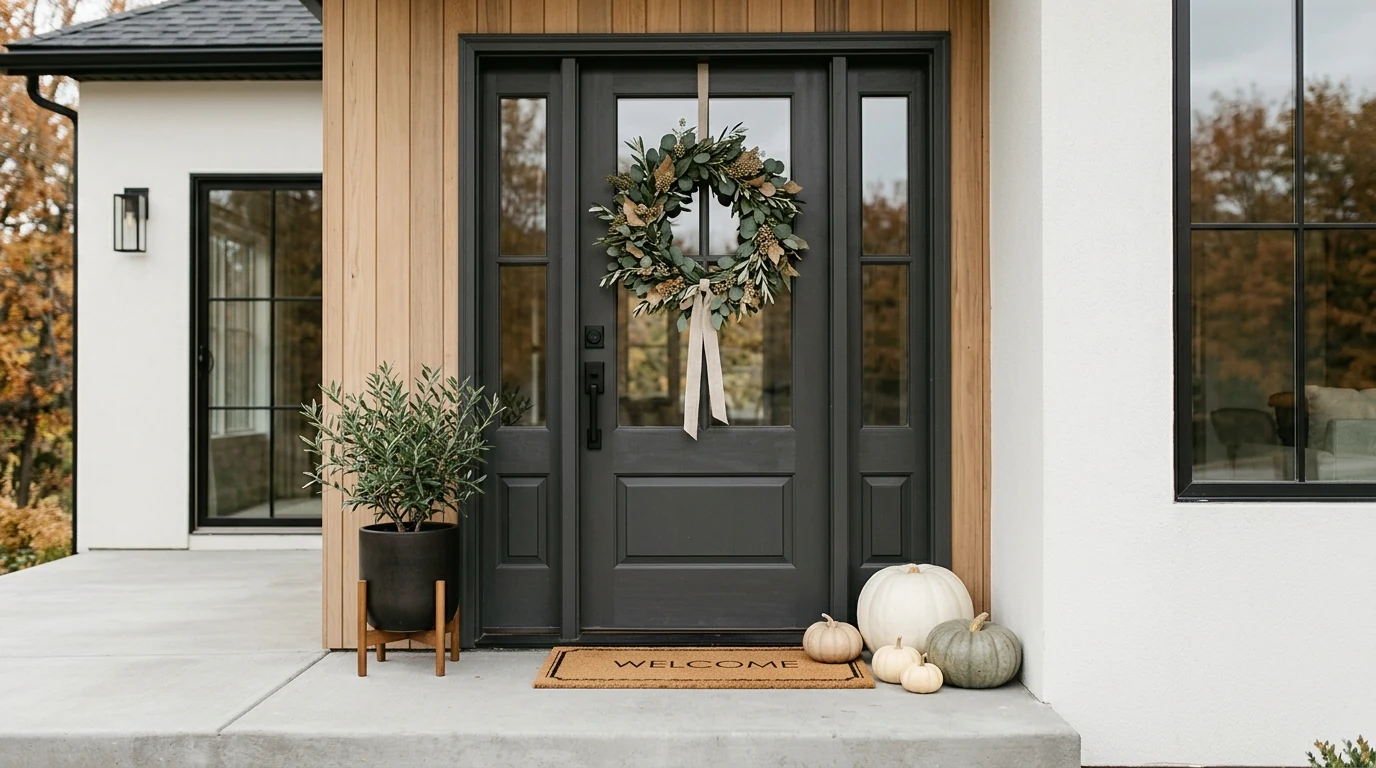 Fall front porch with symmetrical planters and autumn mums.