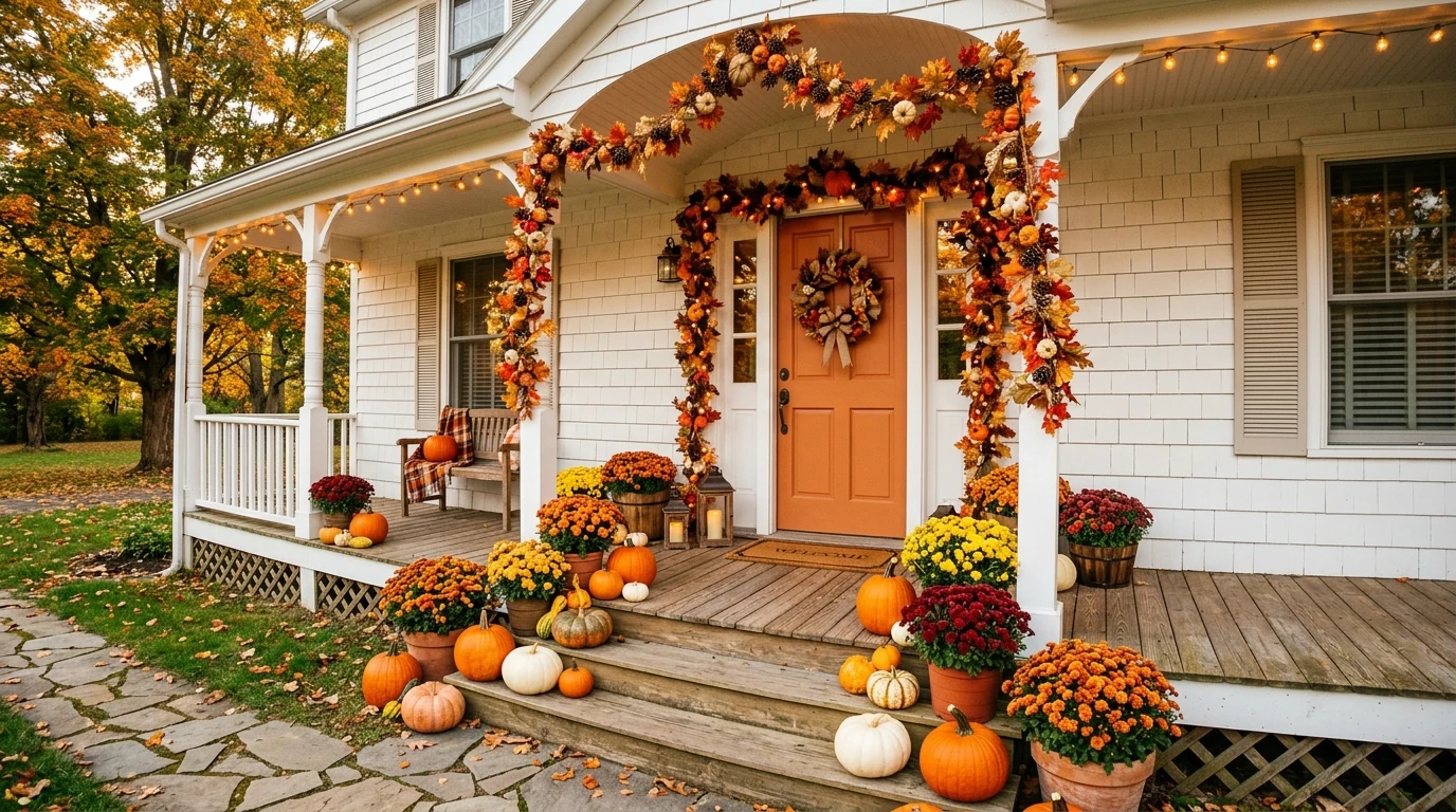Neutral autumn porch decorated with white pumpkins and soft seasonal tones.