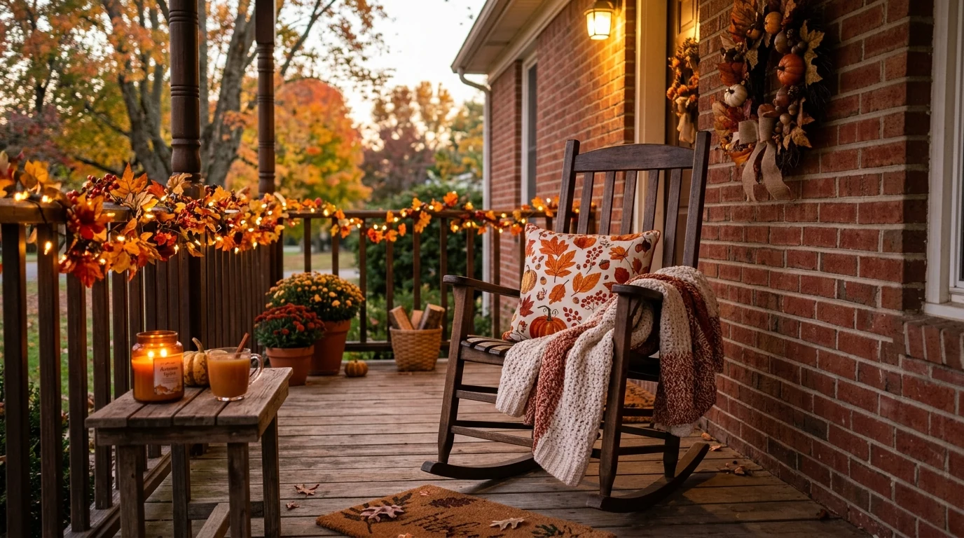 Rustic fall porch display using wooden crates with pumpkins and lanterns.