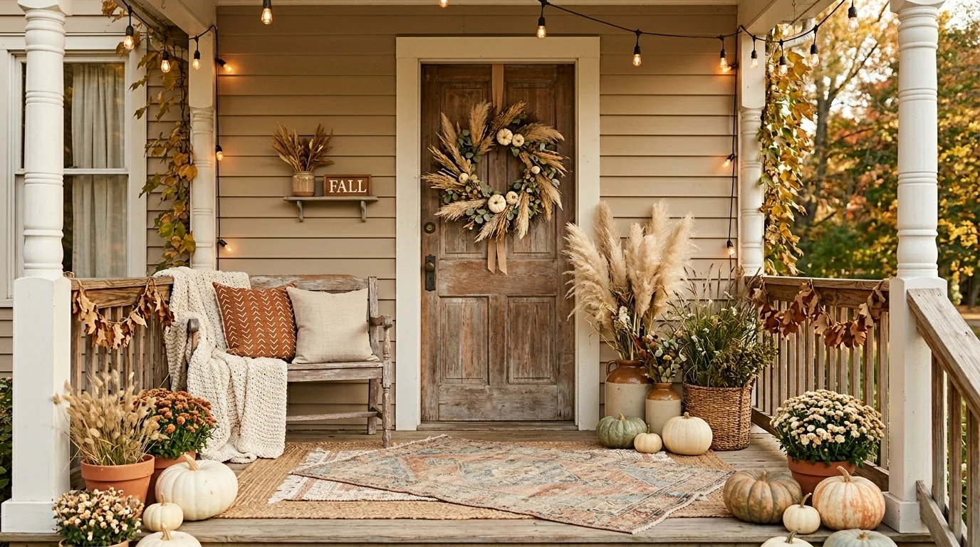 Cozy fall porch bench styled with plaid throws and seasonal accents.