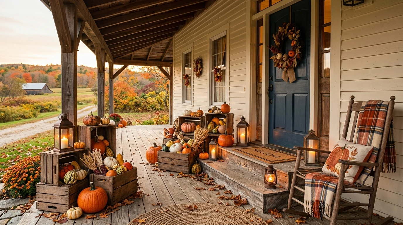 Fall porch framed with cornstalks for taller autumn entrance styling.
