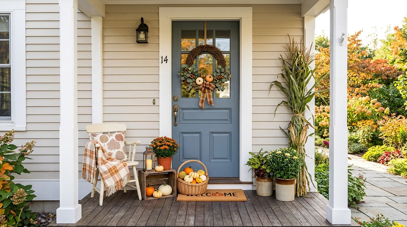 Autumn front porch with baskets and mixed gourds for textured seasonal styling.