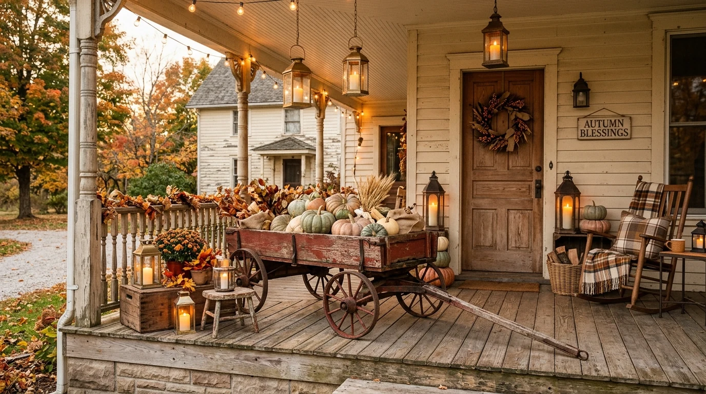 Modern black front door styled with contrasting fall pumpkins and foliage.