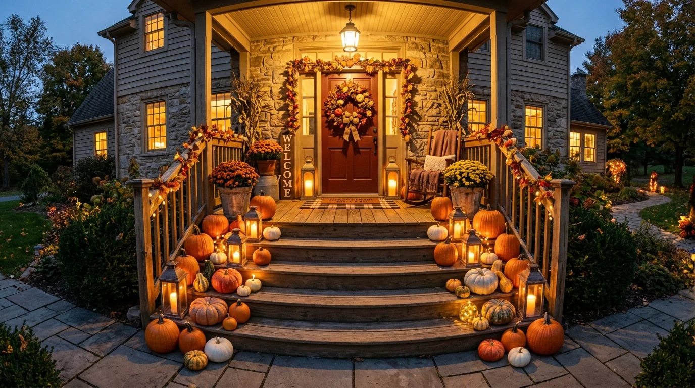 Cottage-style fall porch with soft layered seasonal decor.
