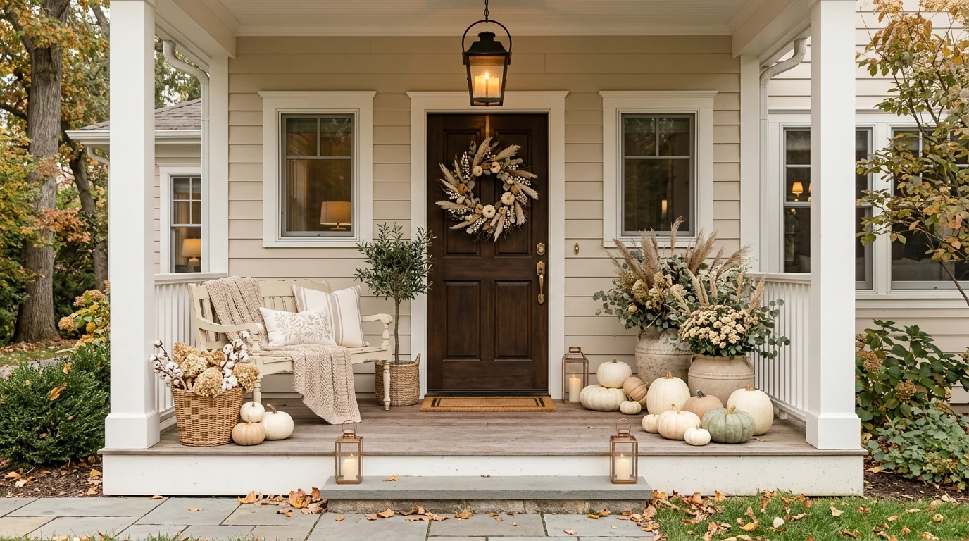 Fall porch with an oversized wreath and simple autumn step decor.