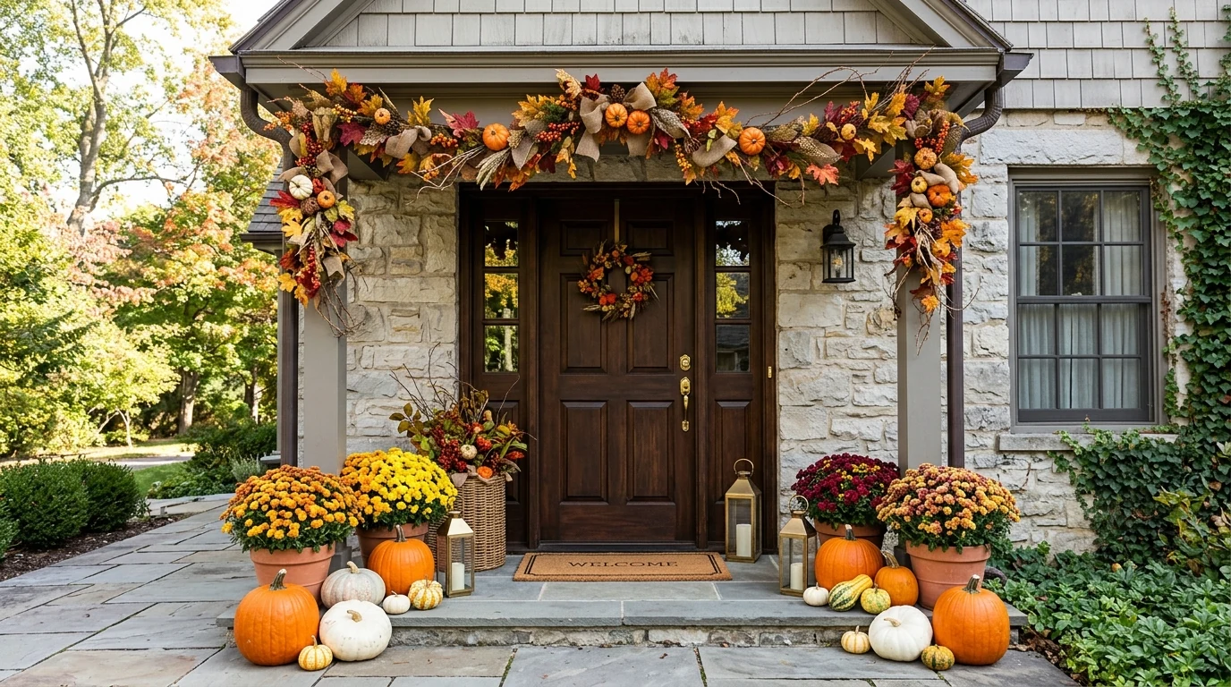 Welcoming fall porch entrance layered with mixed-height autumn decor.