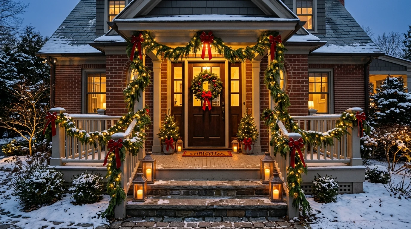 Welcoming Christmas porch with wreaths, garland, lights, and festive holiday decor.