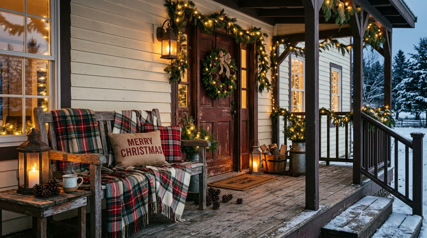 Festive Christmas porch with lantern clusters along the front steps.