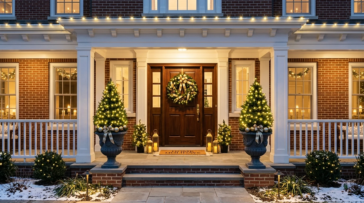Front porch styled with matching mini Christmas trees in pots.