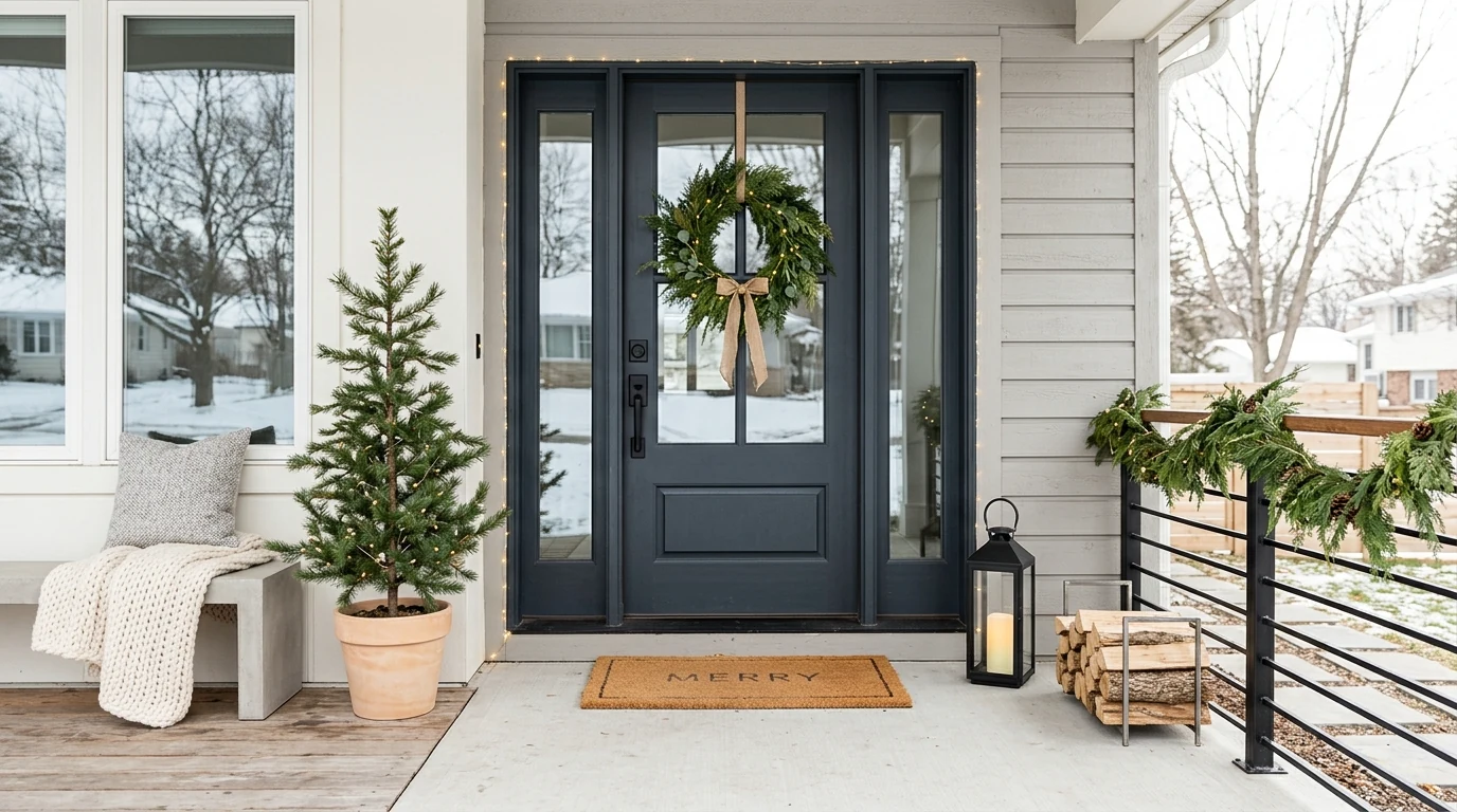 Christmas porch planters decorated with large red bows.
