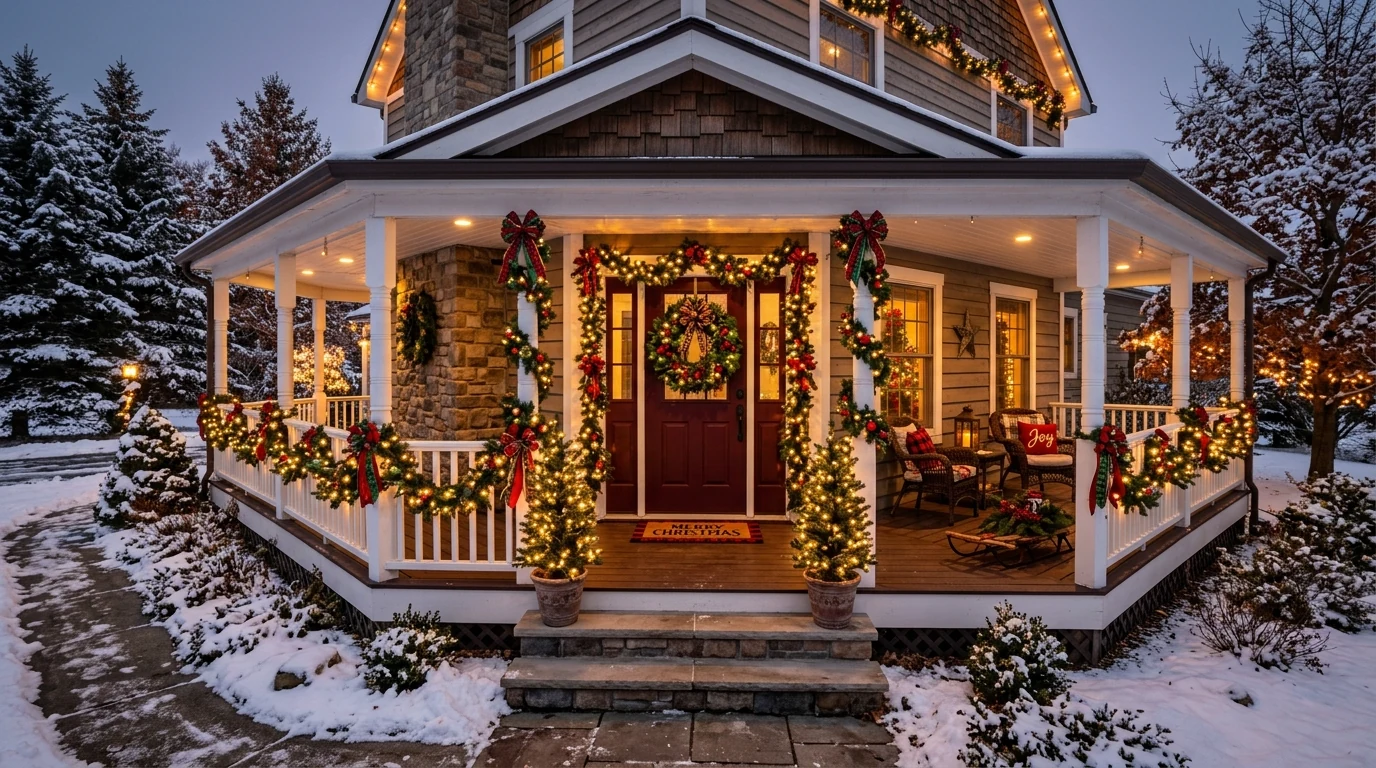 Front doorway framed with Christmas garland and seasonal greenery.