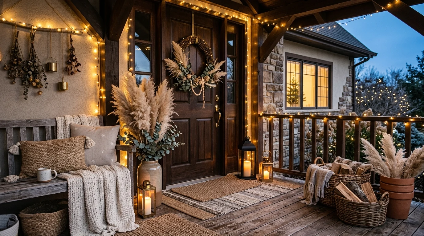 Christmas porch with layered doormats and plaid seasonal styling.