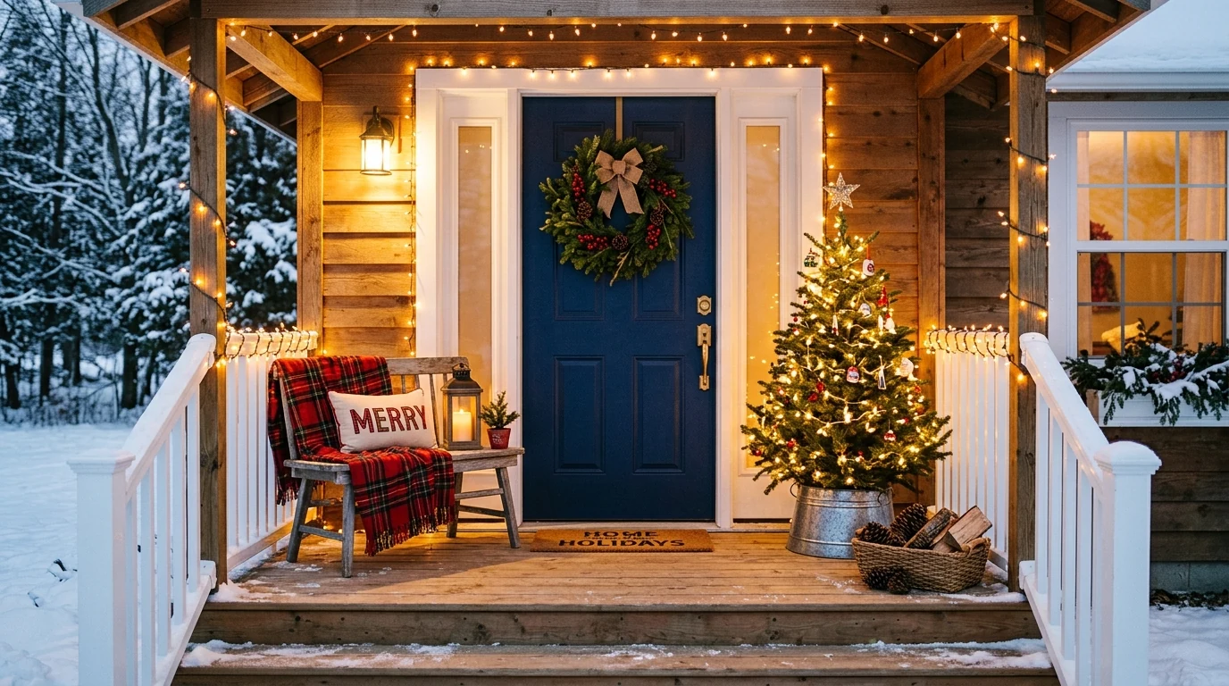 Christmas porch decorated with a wooden sled and welcome sign.