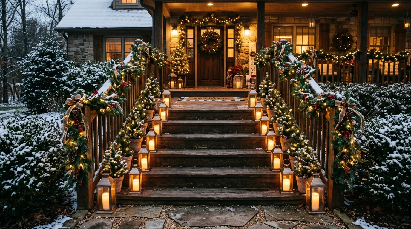 Cozy front porch bench styled with blankets and Christmas pillows.