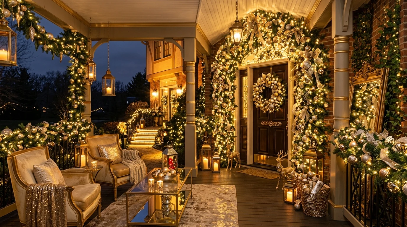 Christmas porch urns filled with oversized ornaments and greenery.