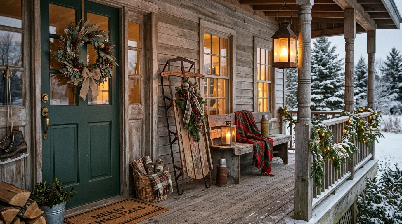 Neutral Christmas porch with snowy greenery, warm lights, and pale decor.