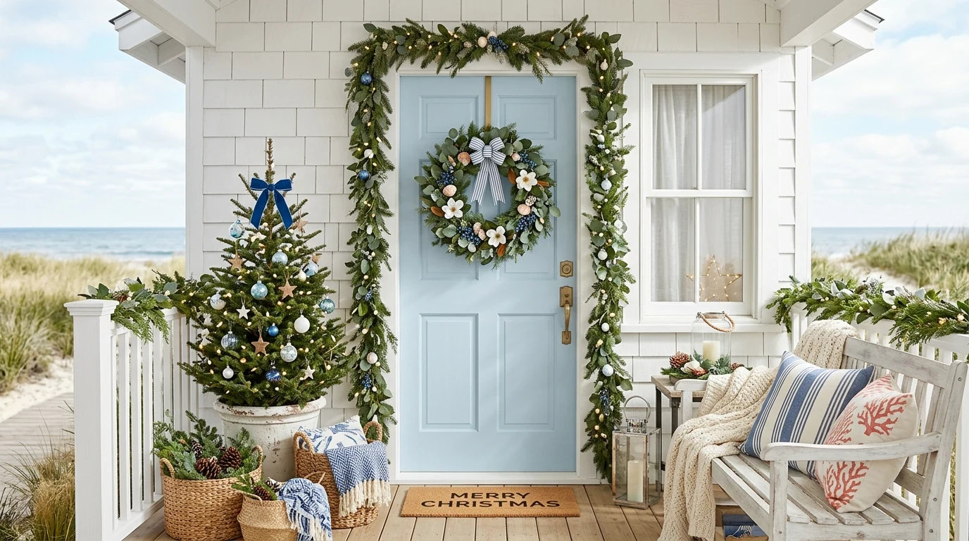 Traditional Christmas porch with red bows, green garland, and lit planters.