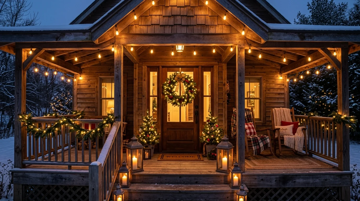 Christmas porch columns wrapped with twinkle lights and greenery.
