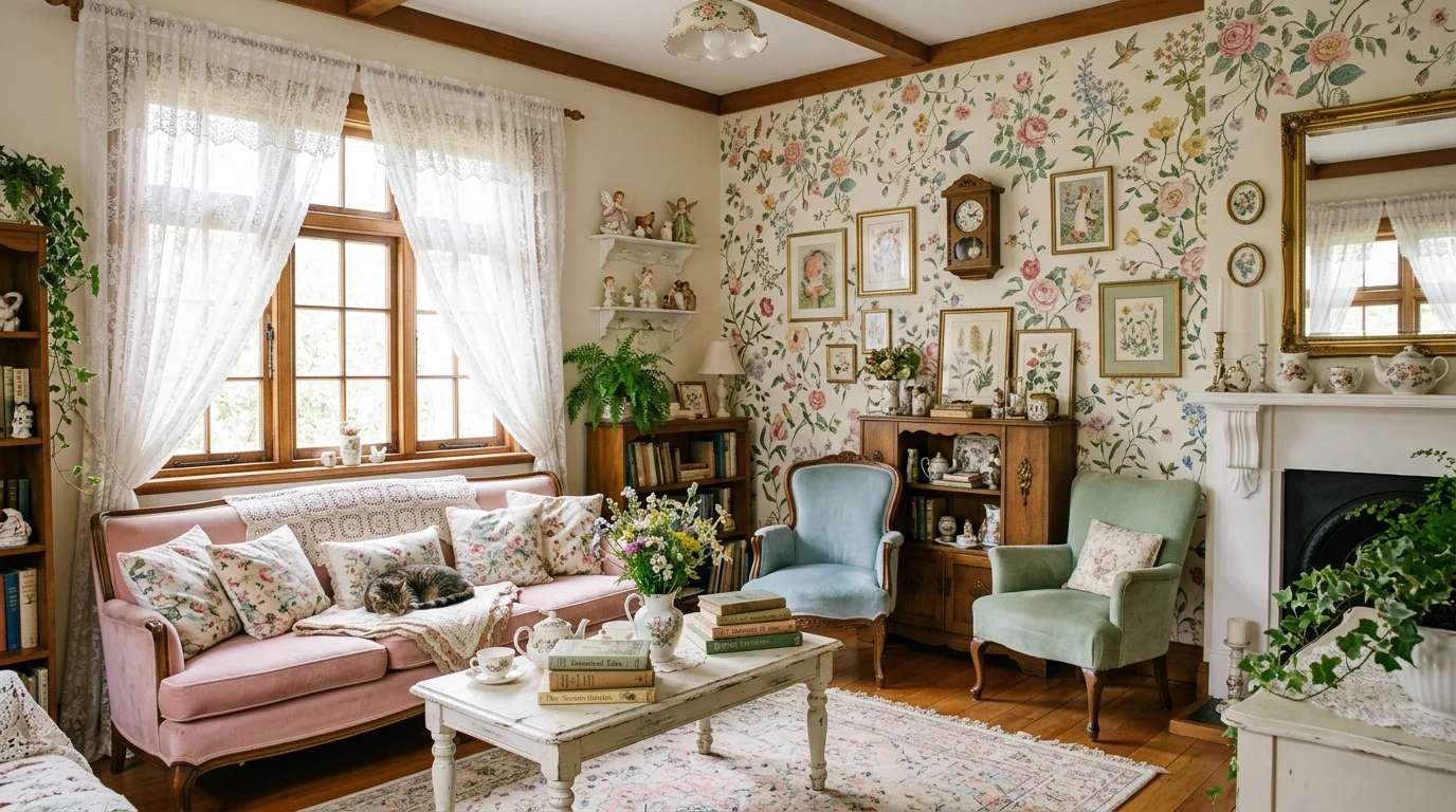 Whimsical doll-like home decor creating a storybook aesthetic.
