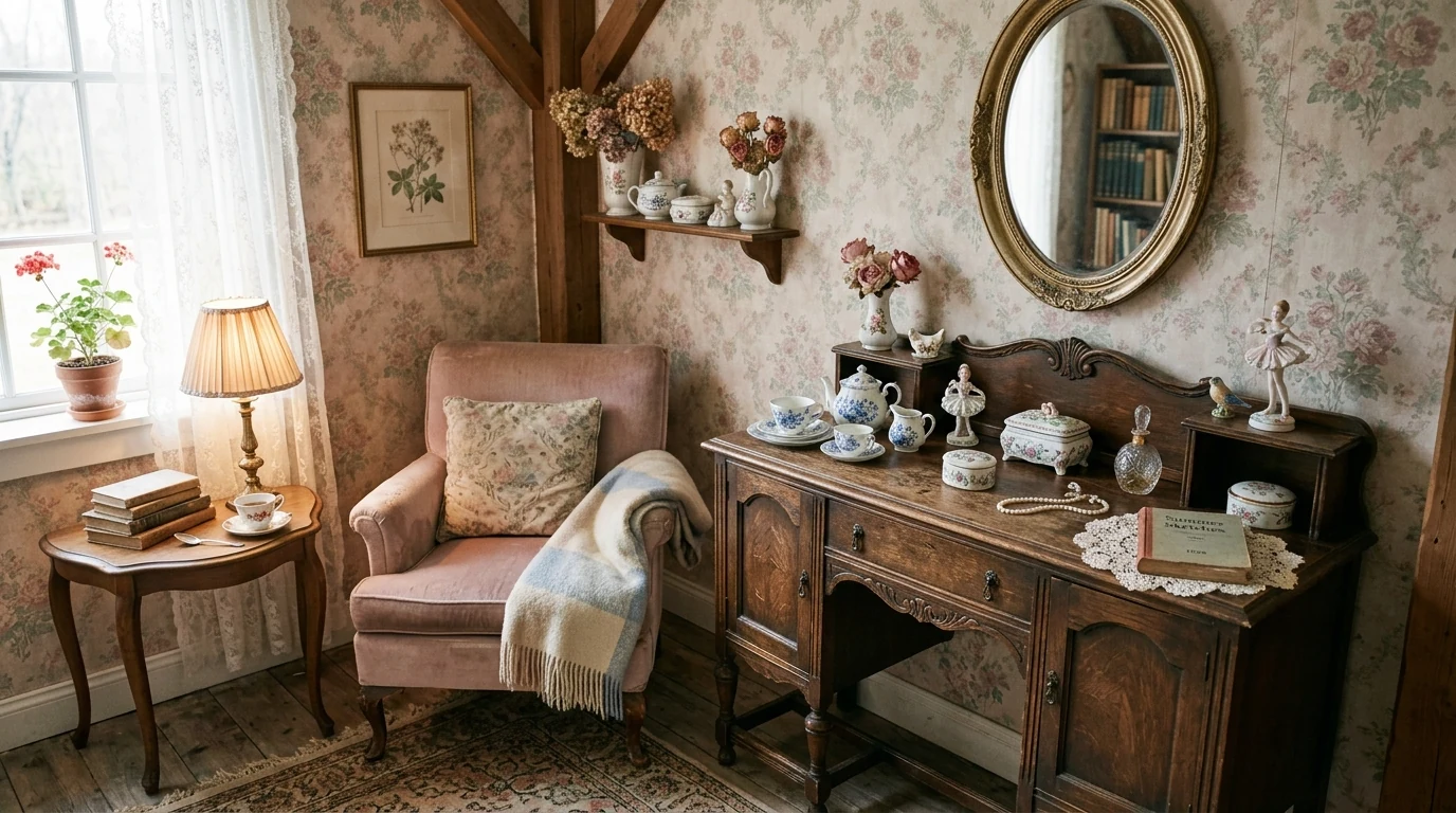 Whimsical bedroom with ruffled bedding and a dreamy doll-like aesthetic.