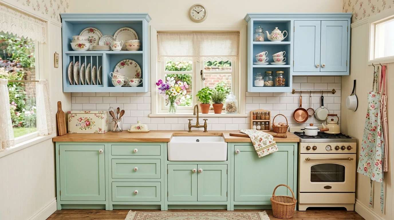 Doll-like vanity corner with vintage touches and whimsical styling.