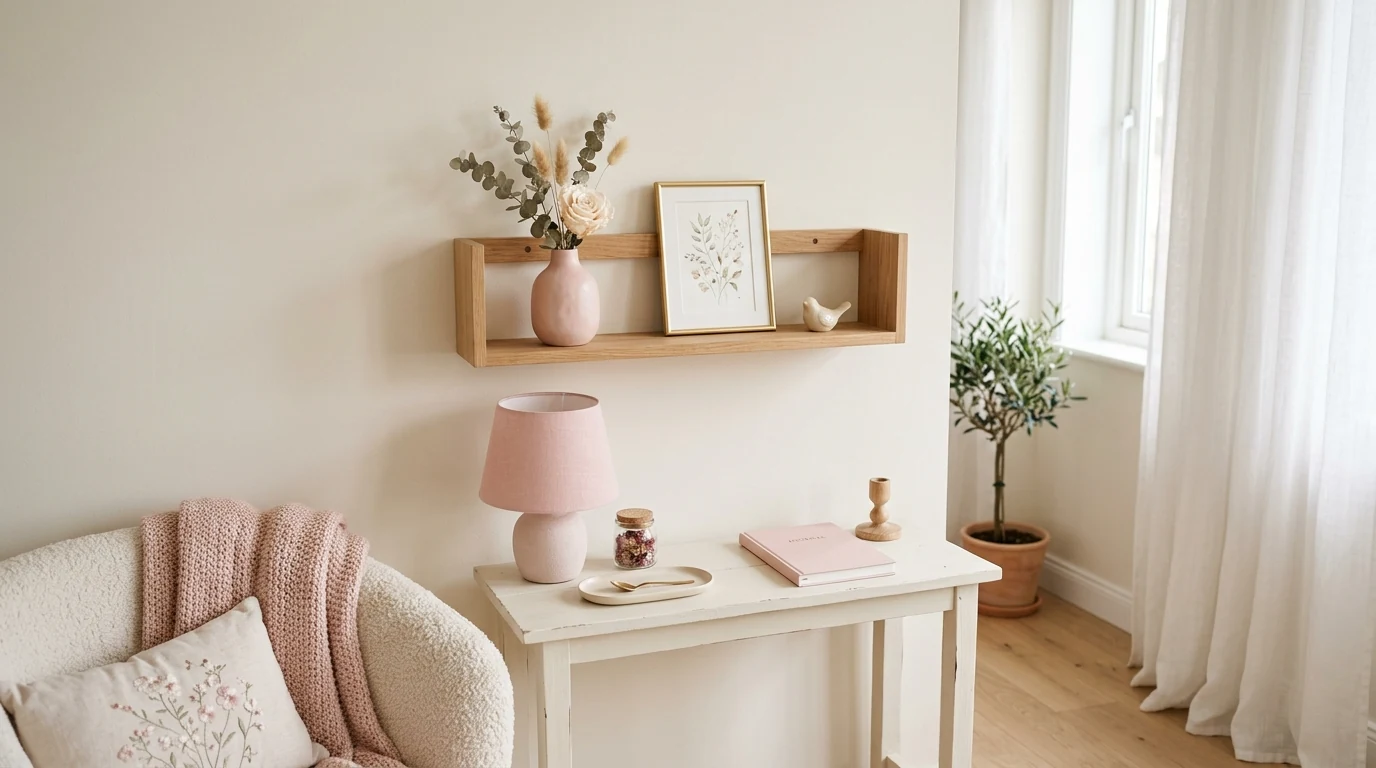 Whimsical pastel kitchen with playful doll-like home decor details.