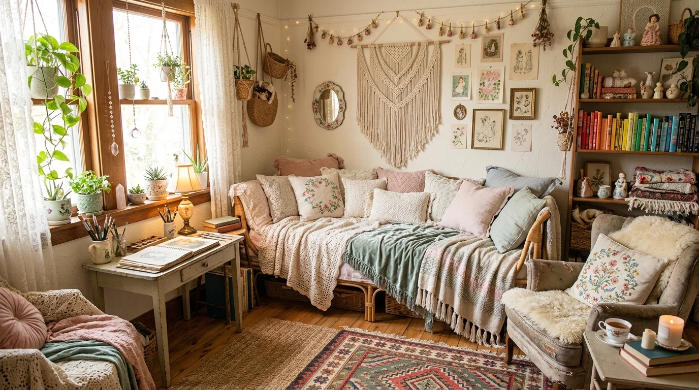 Doll-like home decor with lace and sheer window treatments creating a soft glow.