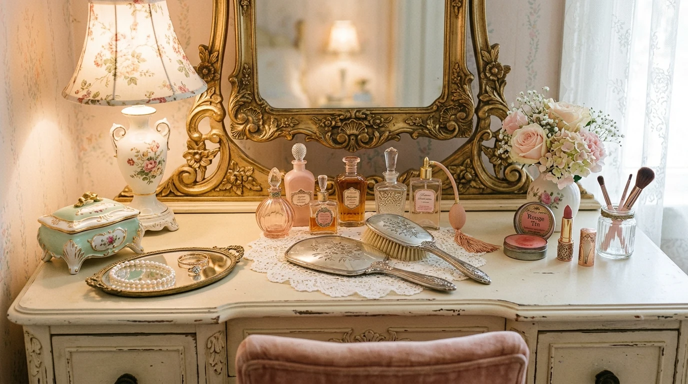 Doll-like home decor enhanced by warm romantic lighting and soft glow.