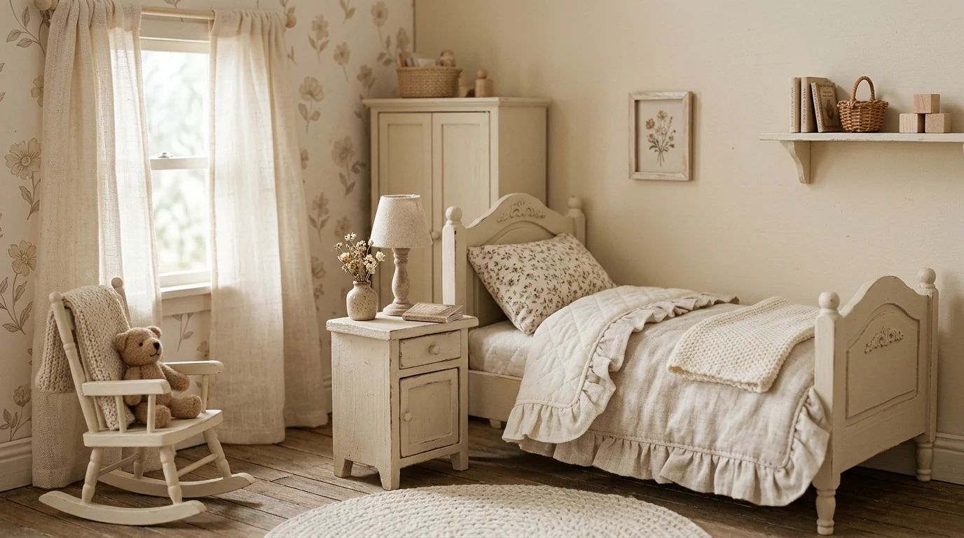 Whimsical doll-like room with layered feminine textiles and soft texture.