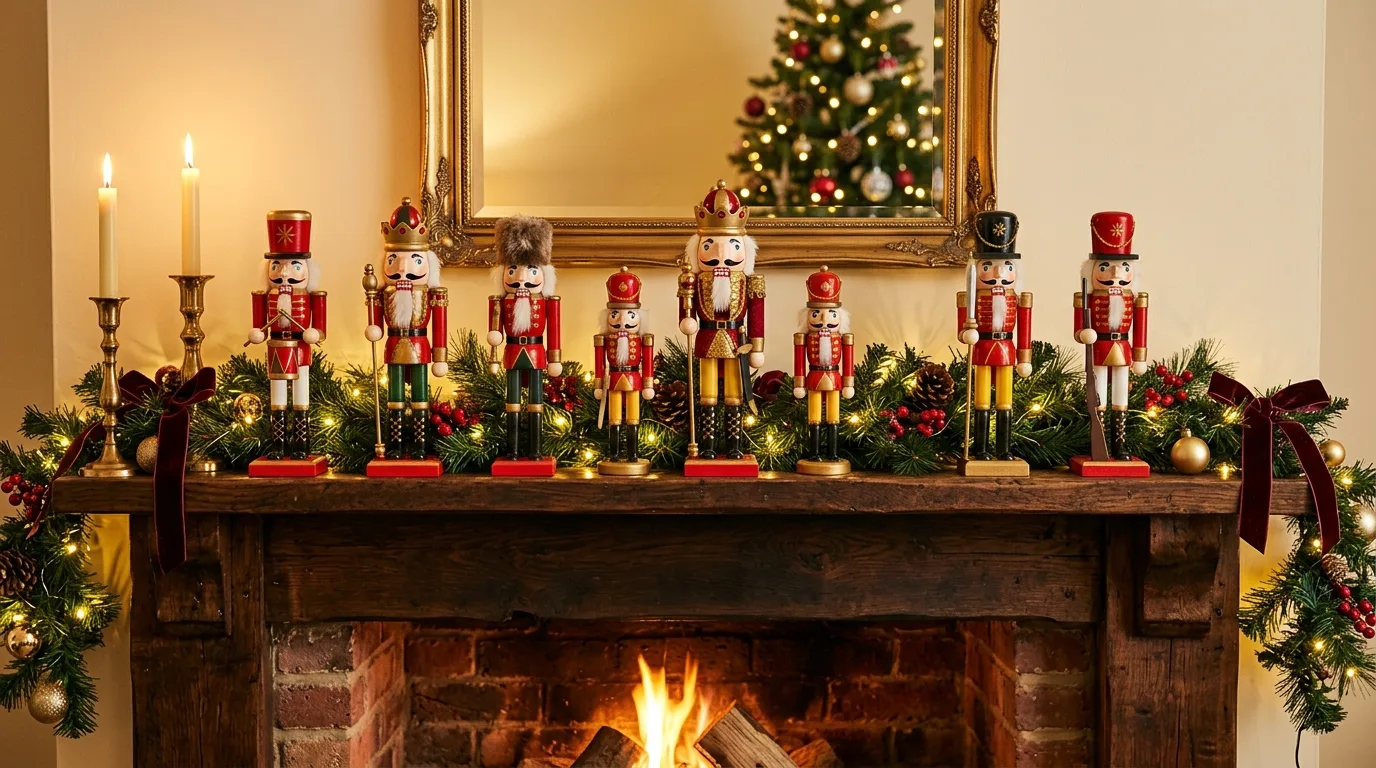 Whimsical nutcracker Christmas decor arranged with classic holiday charm.