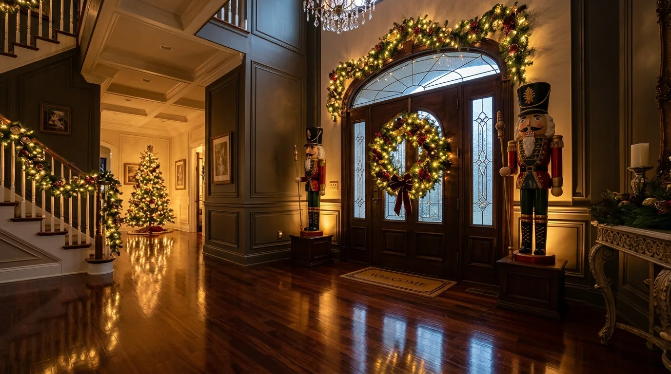 Christmas mantel decorated with smaller nutcracker figures and greenery.