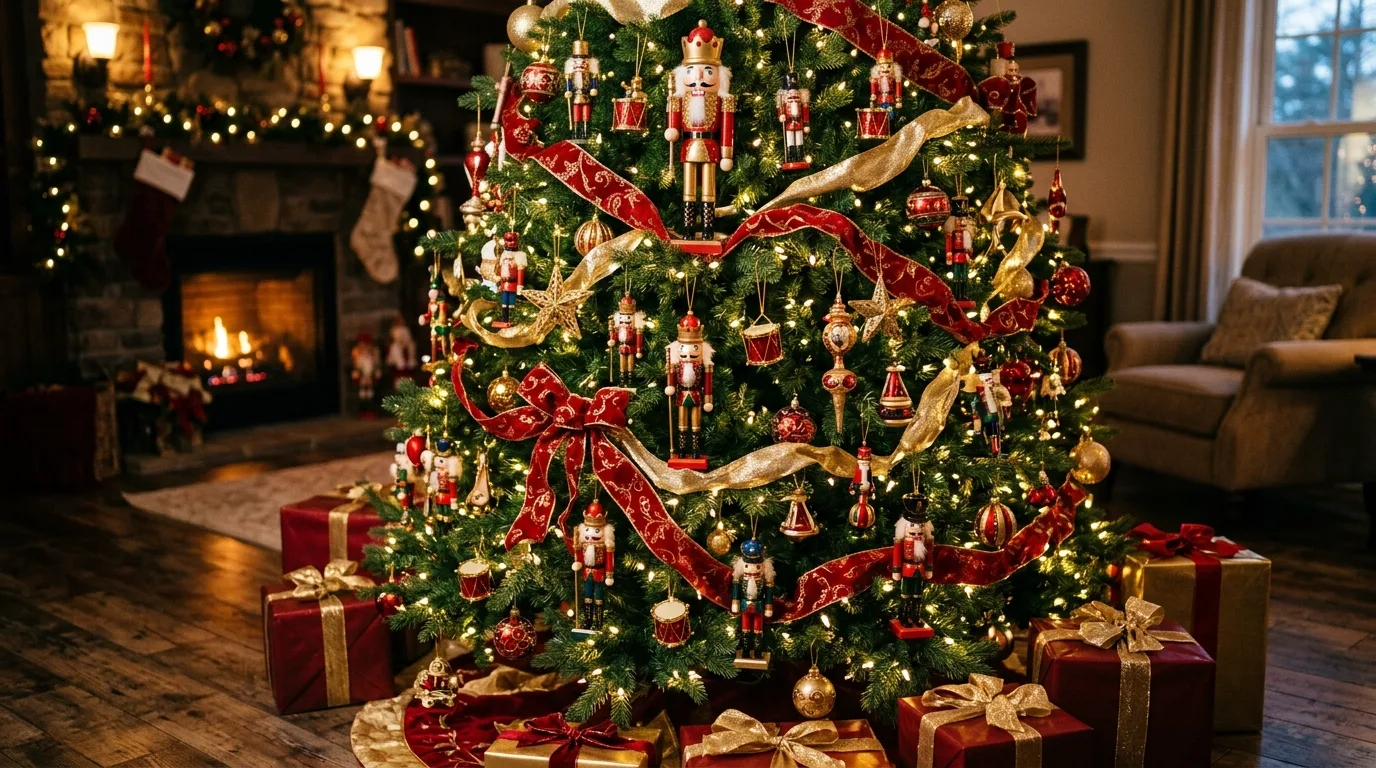 Christmas tree decorated with nutcracker-themed ornaments and ribbon.