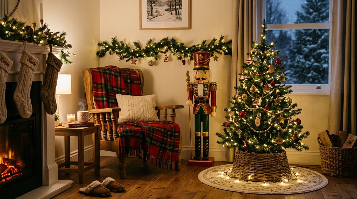 Holiday table centerpiece featuring nutcracker figures and evergreen styling.