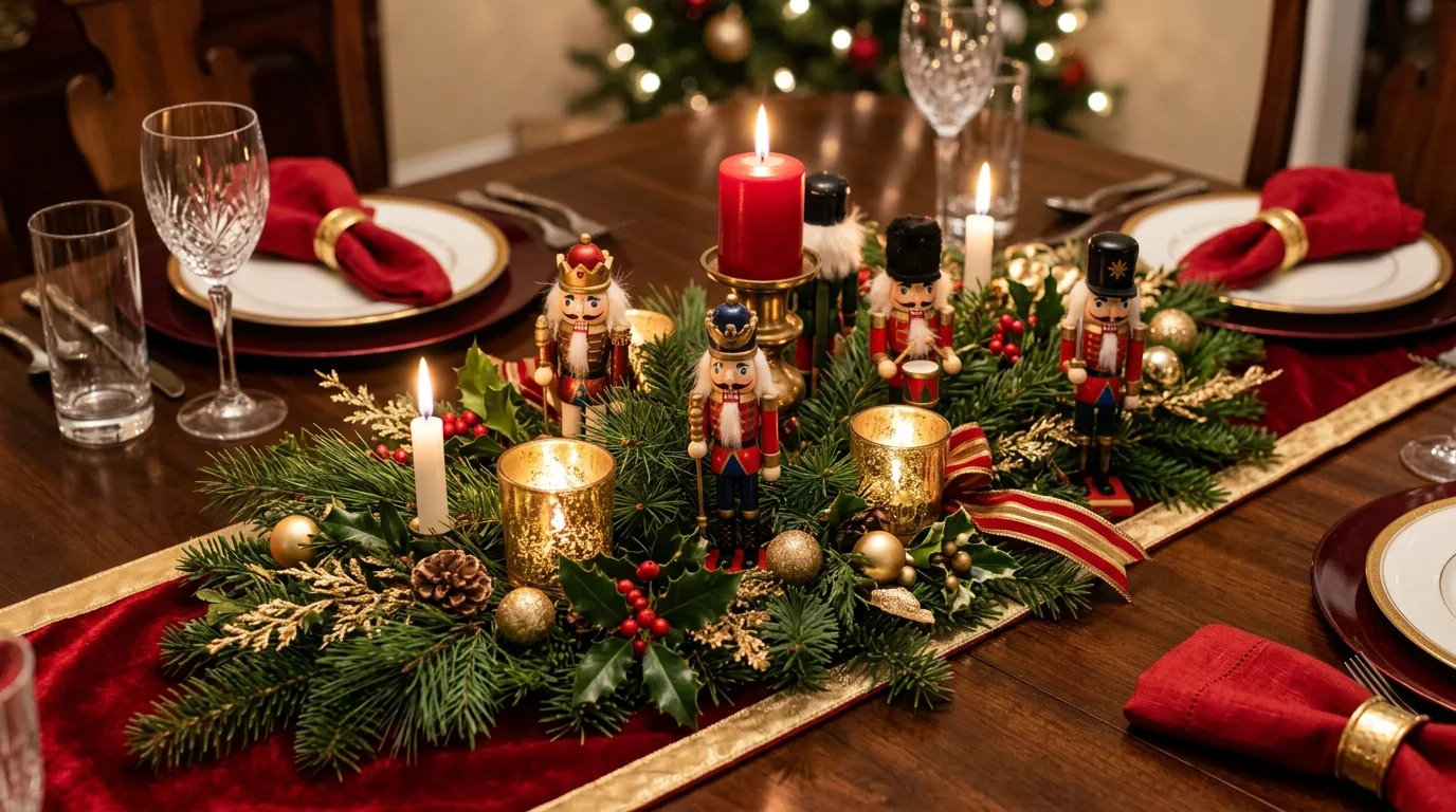 Whimsical Christmas decor corner with nutcracker and ballet-inspired accents.